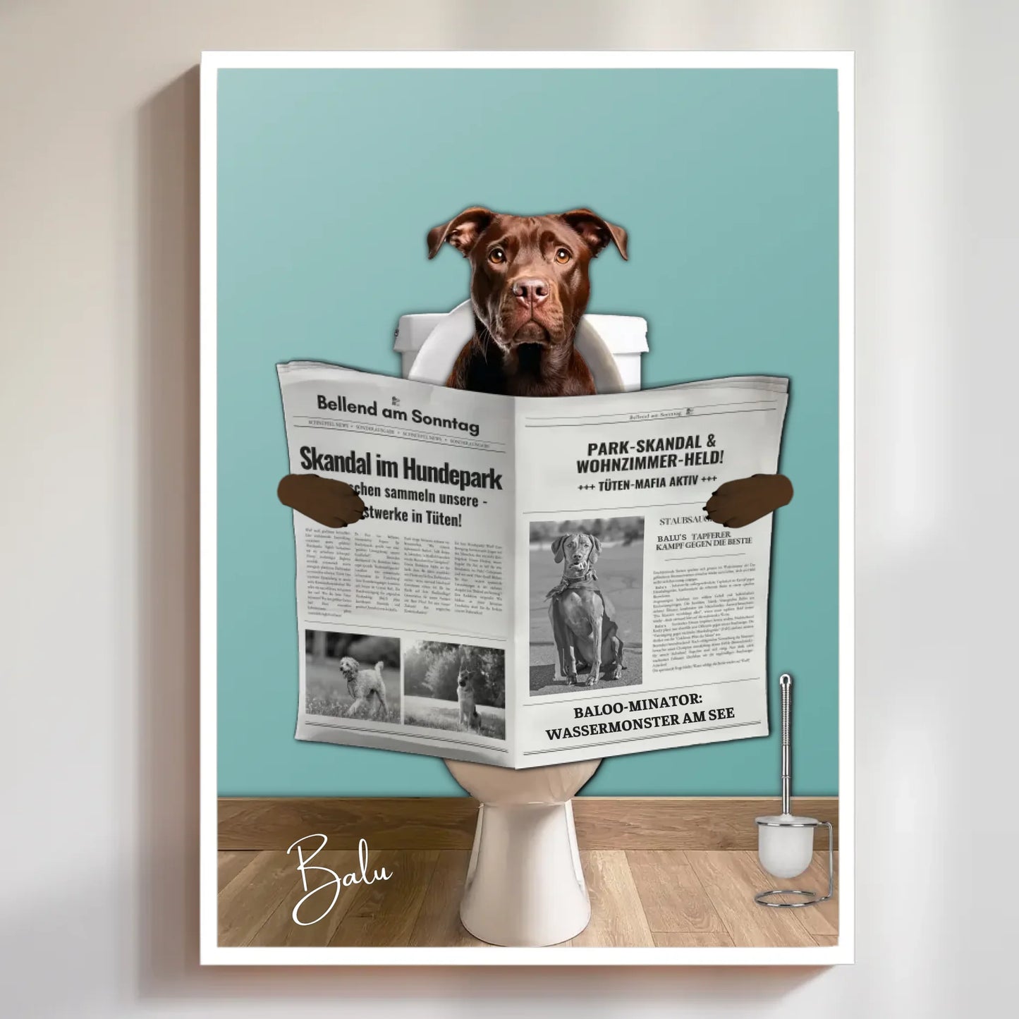 Hundezeitung Poster – originelle Geschenkidee mit Hundemotiv auf WC