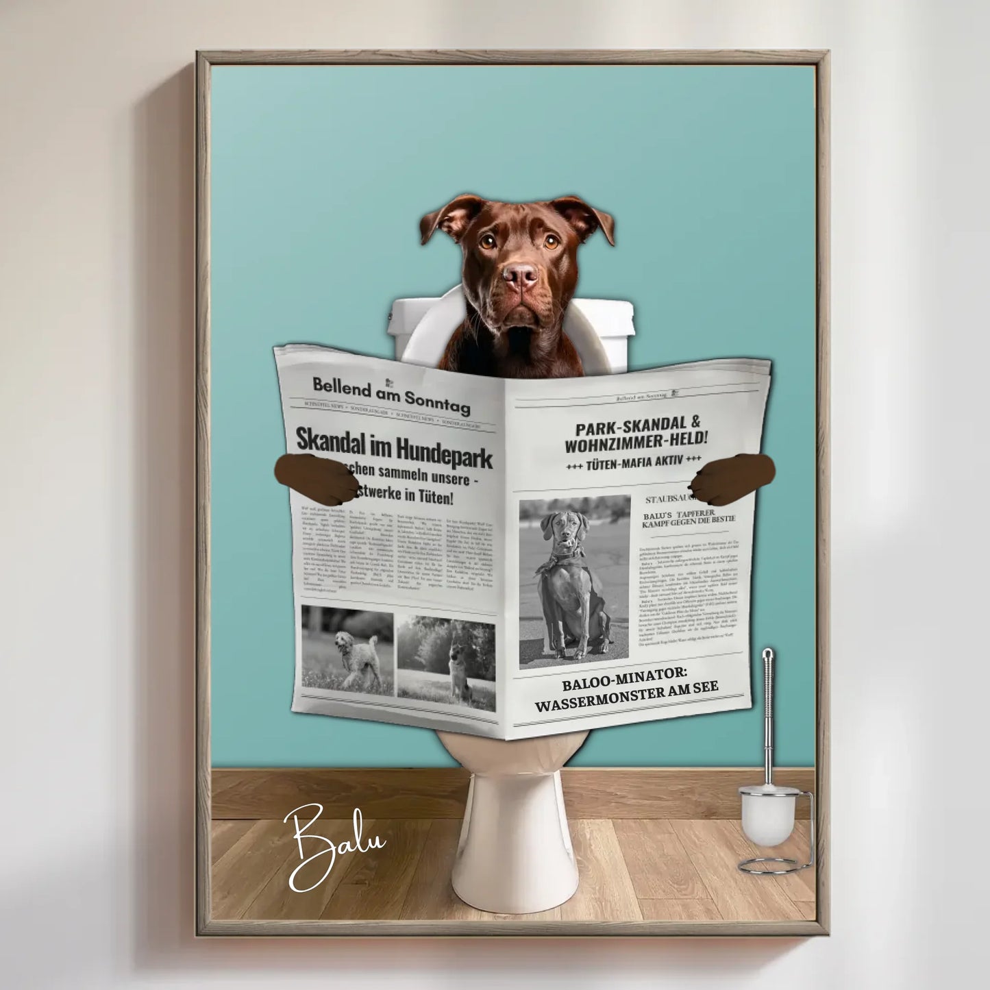 Spaßiges Toilettenbild mit Hund – Poster mit Zeitungstitel und Hundename