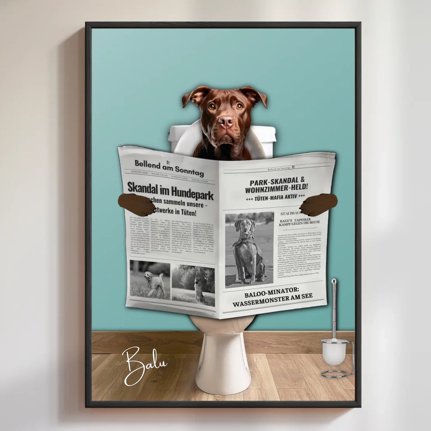 Witziges Haustierposter – Hund liest Zeitung auf Toilette mit Namenspersonalisierung