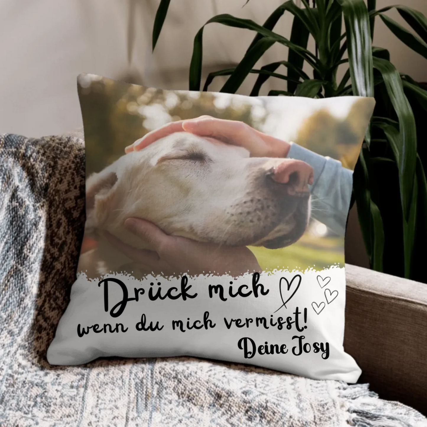 kissen mit hunde- katzen oder pferdefoto und spruch – drück mich wenn du mich vermisst