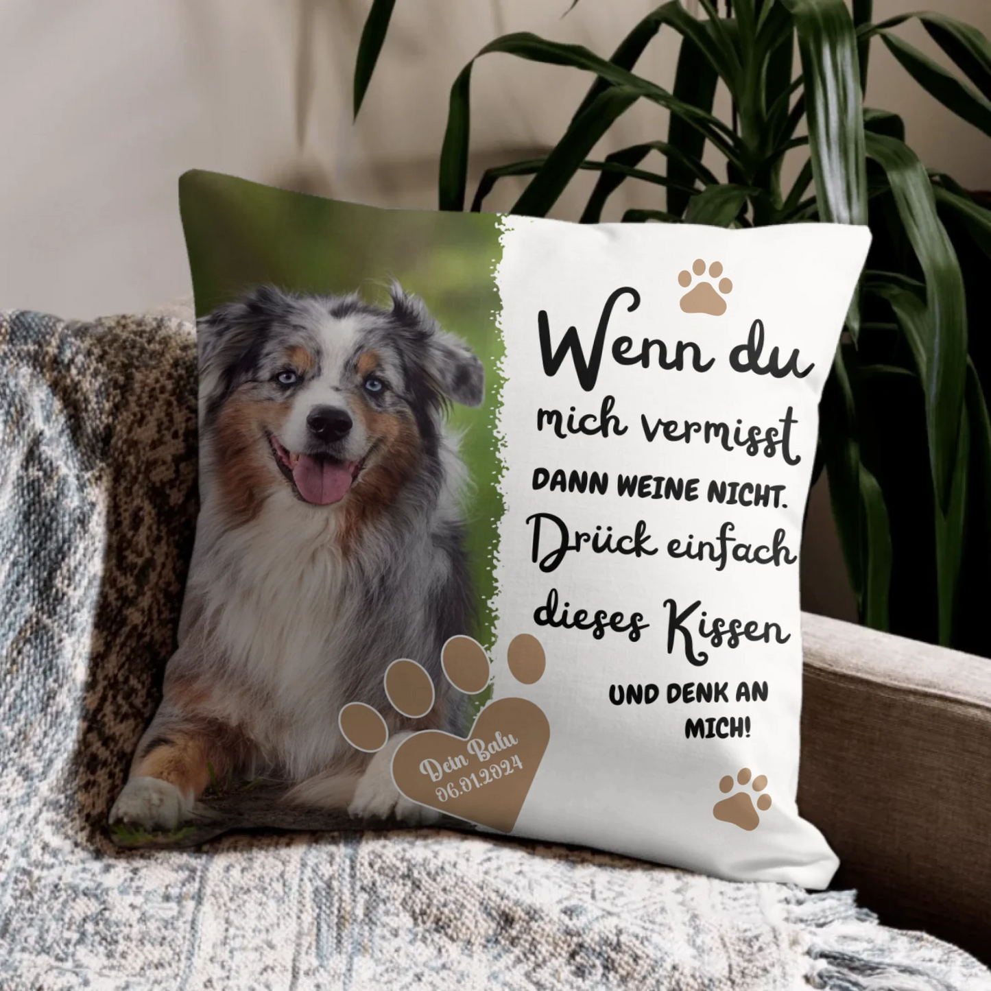 personalisiertes kissen mit text und eigenes bild – trostspender für vermisste haustiere