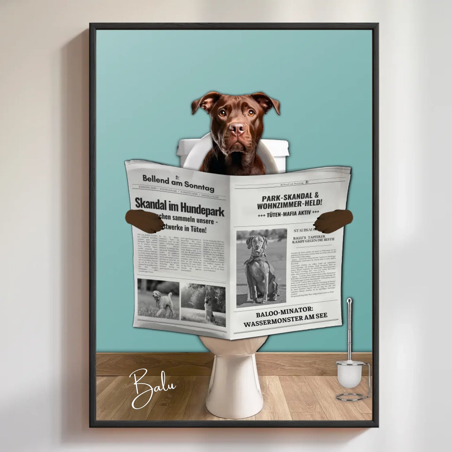 Hund auf Toilette mit Zeitung – personalisiertes Poster für Humor im Badezimmer