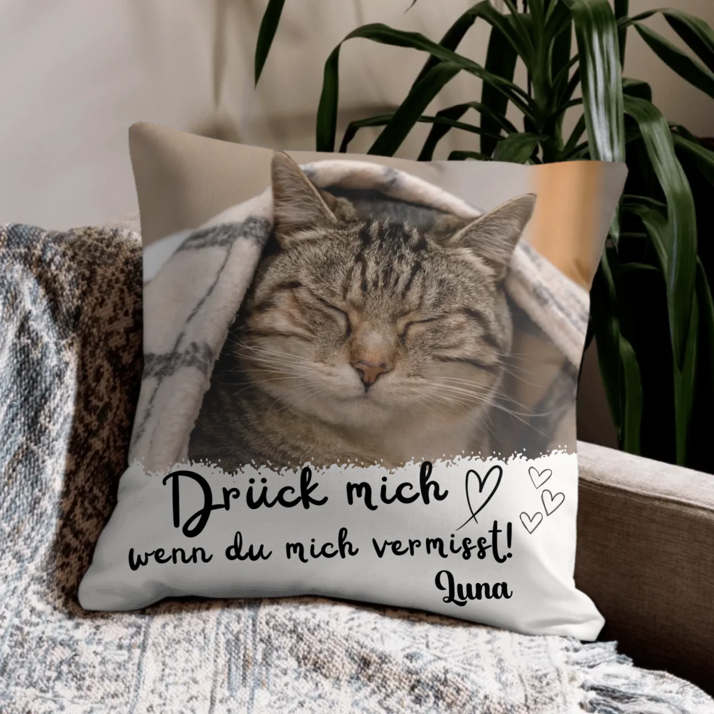 kissen katze drück mich – personalisiertes erinnerungskissen mit haustier