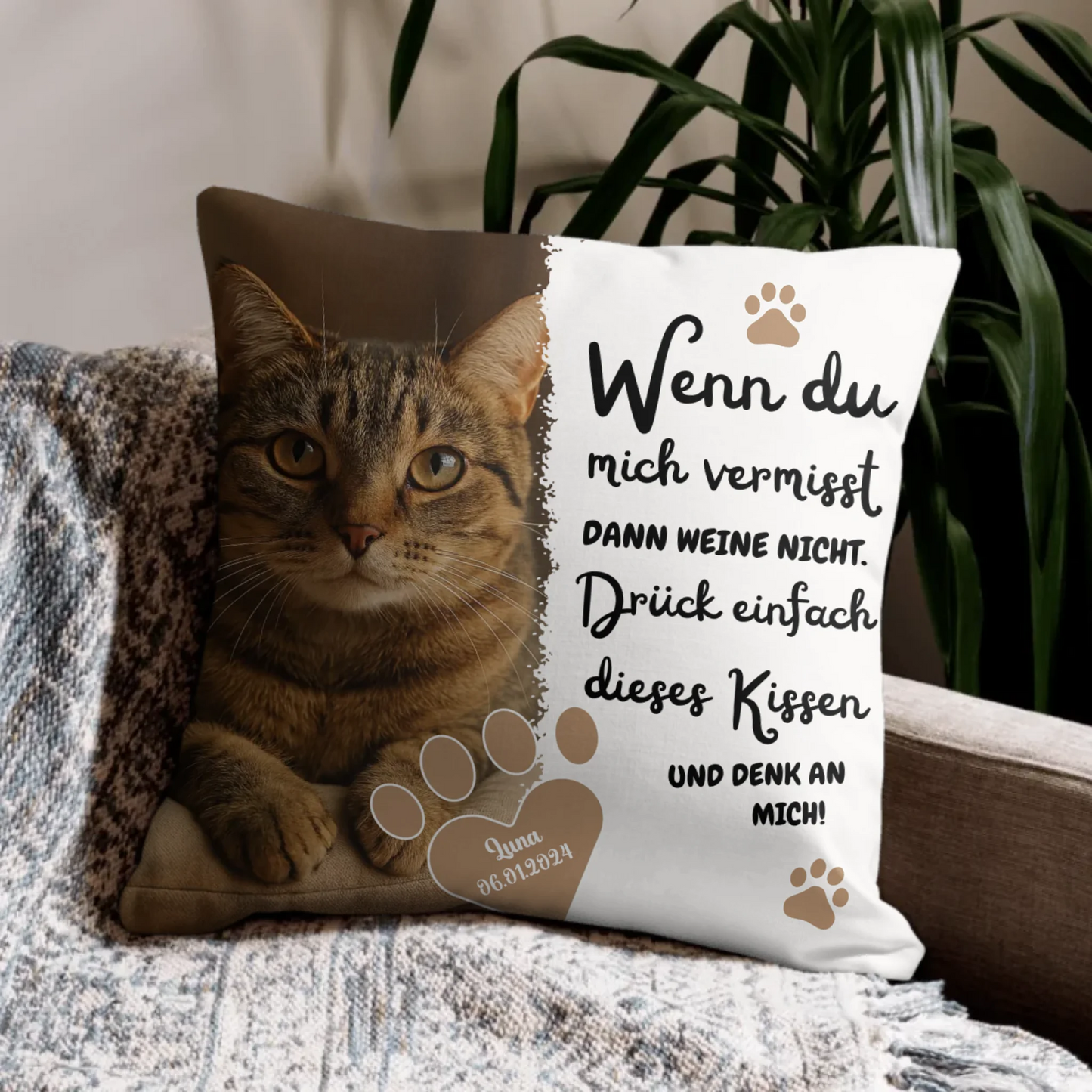 Personalisiertes Kissen - Drück mich - Katze Gestalte für deine Katze ein einzigartiges personalisiertes Kissen mit Foto & Name. Ein kuscheliges Andenken für Abschied und Erinnerung.