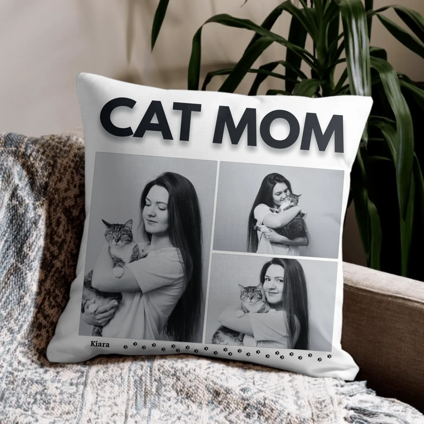 Kissen für Katzenmama mit personalisiertem Design, Fotos und Text in schwarz-weiß, weich und kuschelig.
