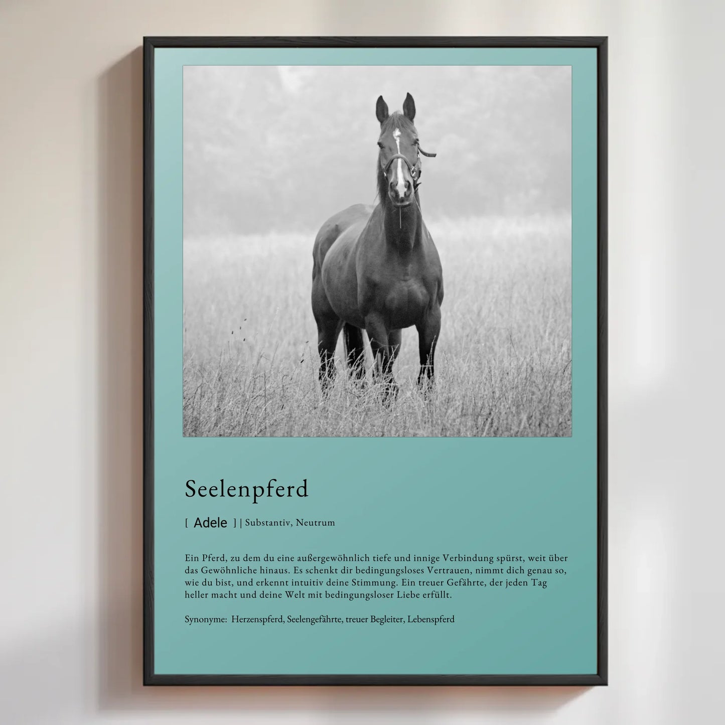 Personalisiertes Poster eines Seelenpferdes, stilvolles Design mit emotionalem Text und Rahmen.