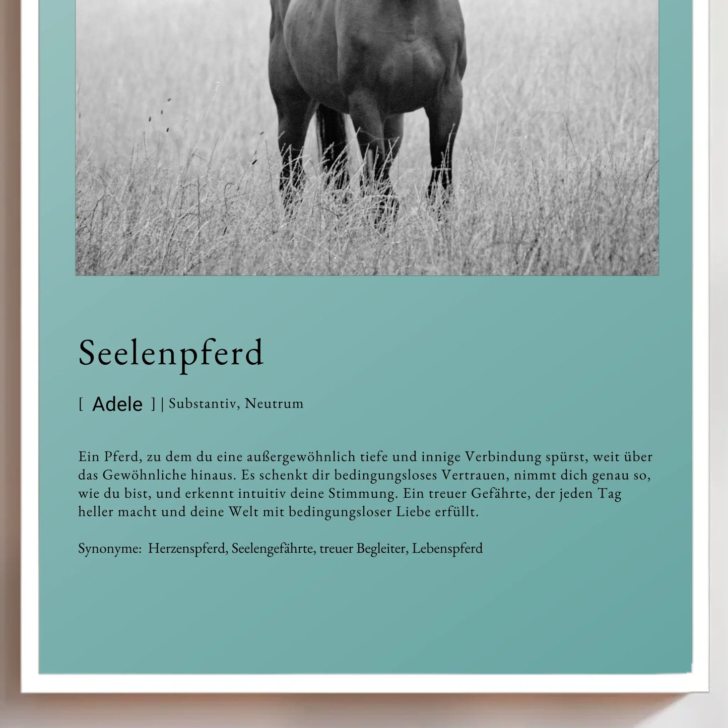 Personalisiertes Poster mit dem Titel "Seelenpferd", emotionales Design mit Pferdebild und Definition.