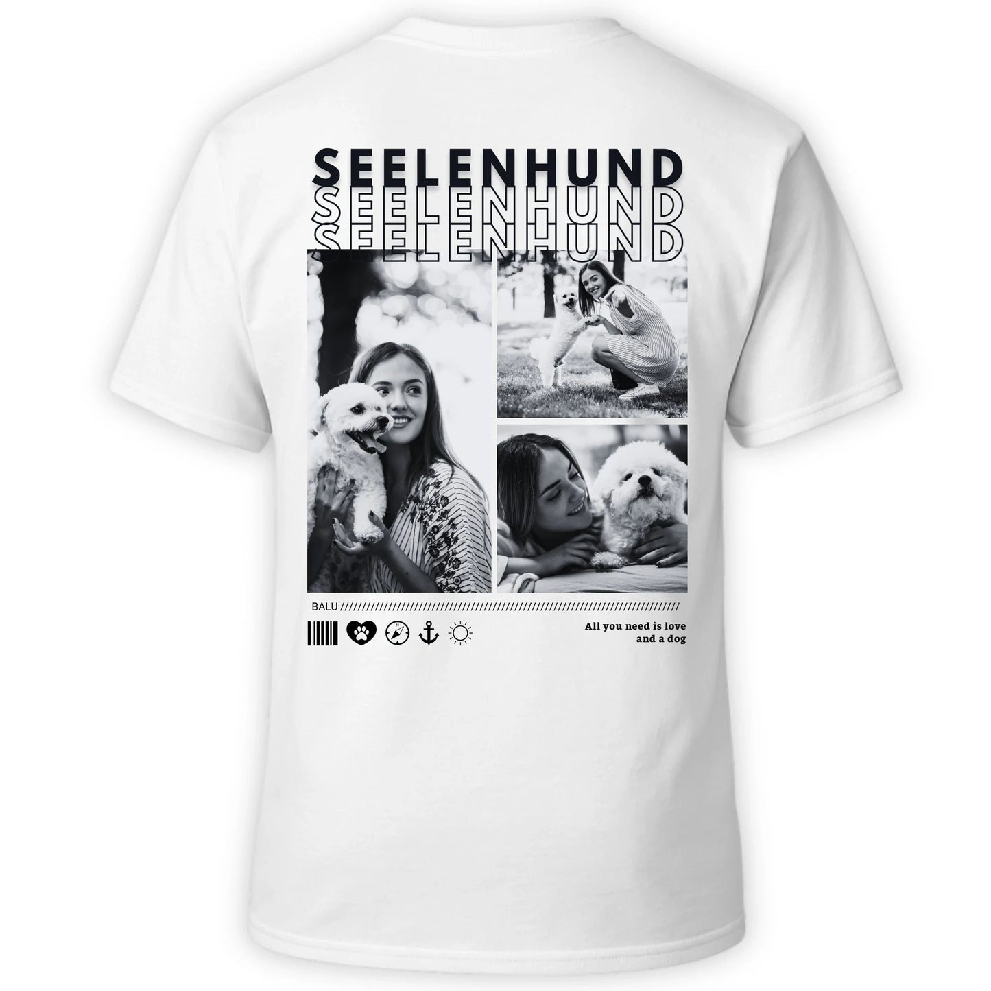 Personalisertes T-Shirt 'Seelenhund' mit Fotos und emotionalem Design, geeignet für Männer und Frauen.