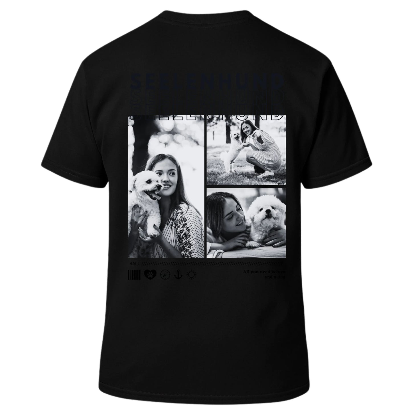 Personalisiertes T-Shirt "Seelenhund" mit individuellen Fotos auf dem Rücken, ideal als Geschenk.