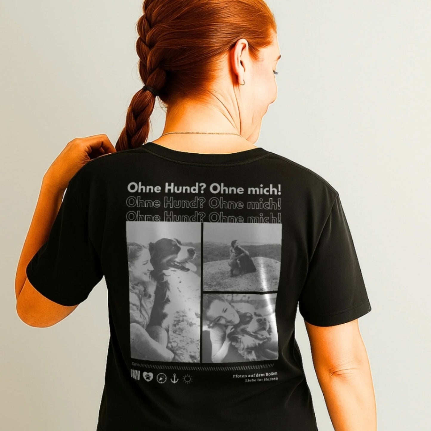 Personalisertes T-Shirt "Seelenhund" mit Bildern und Text auf der Rückseite in Schwarz.