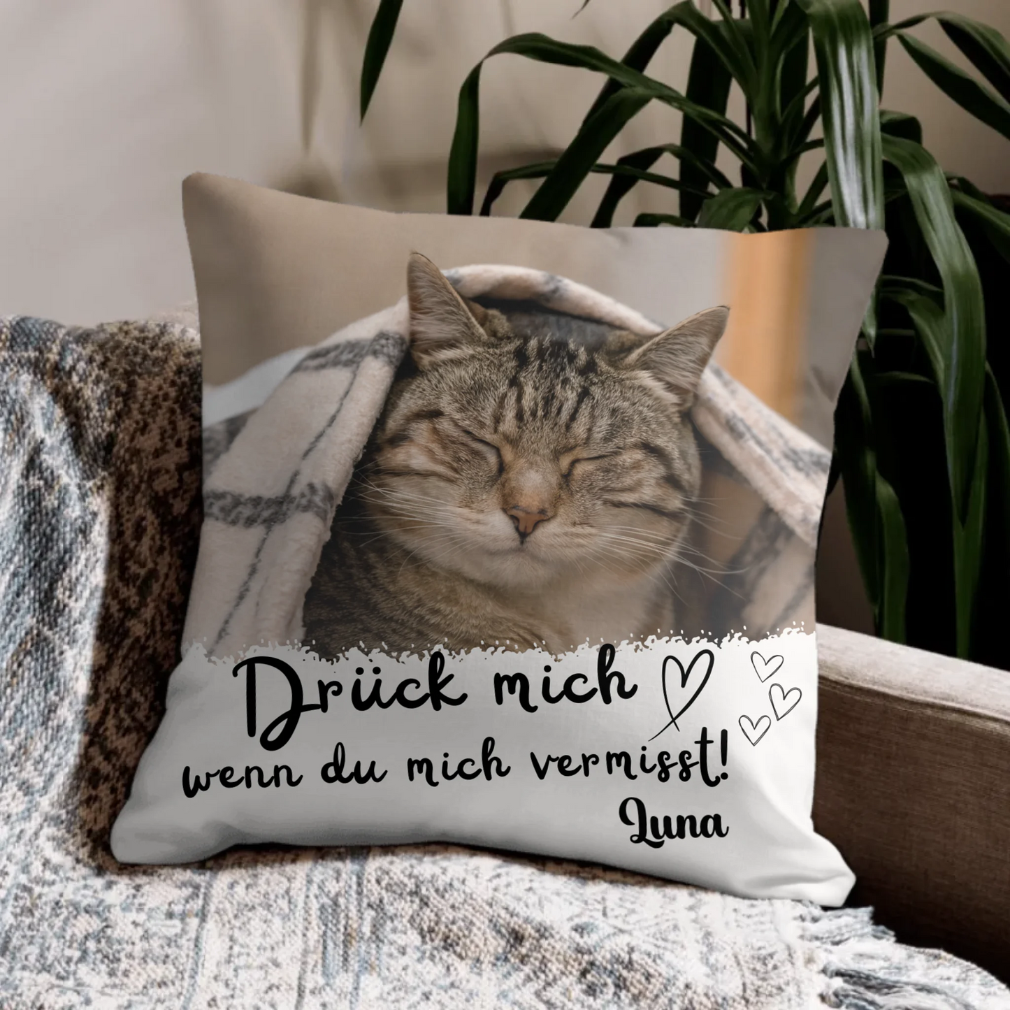 Personalisiertes Kissen - Drück mich Gestalte für deine Katze ein einzigartiges personalisiertes Kissen mit Foto & Name. Ein kuscheliges Andenken für Abschied und Erinnerung.
