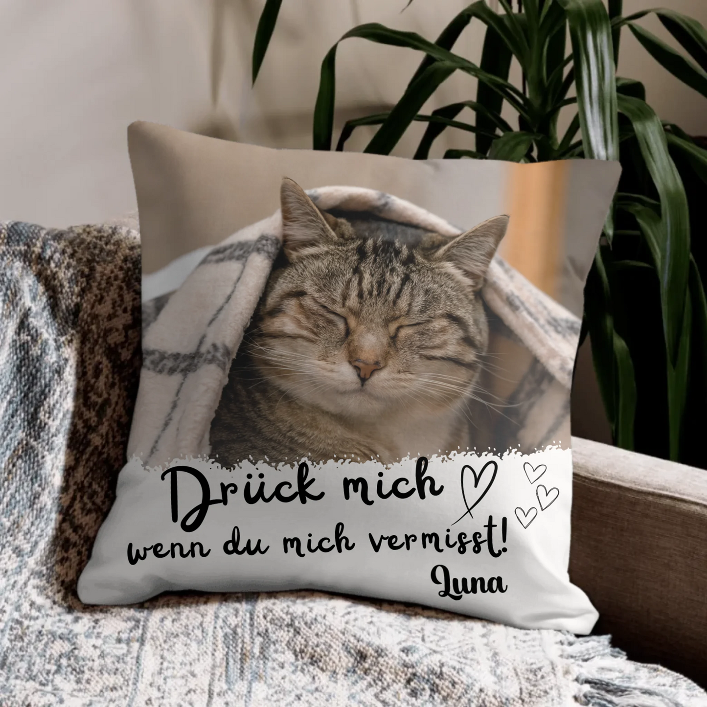 Personalisiertes Kissen - Drück mich Gestalte für deine Katze ein einzigartiges personalisiertes Kissen mit Foto & Name. Ein kuscheliges Andenken für Abschied und Erinnerung.