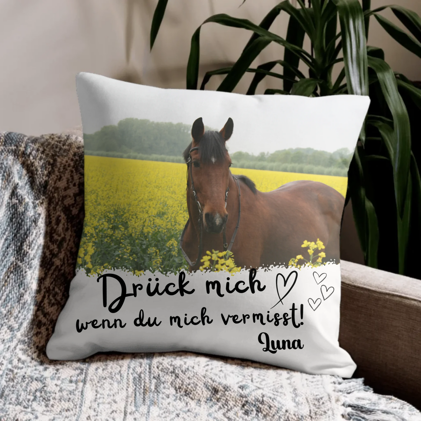 Personalisiertes Kissen "Drück mich" - Pferd Personalisiertes Kissen - Gestalte für dein Pferd ein einzigartiges Kissen mit Foto & Name. Ein kuscheliges Andenken für Abschied und Erinnerung.