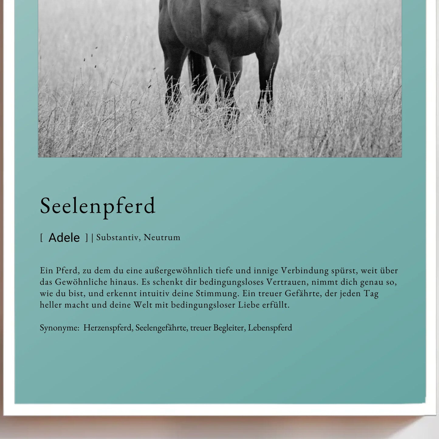 Personalisiertes Poster mit dem Titel 'Seelenpferd', zeigt emotionales Pferdebild und Definition.
