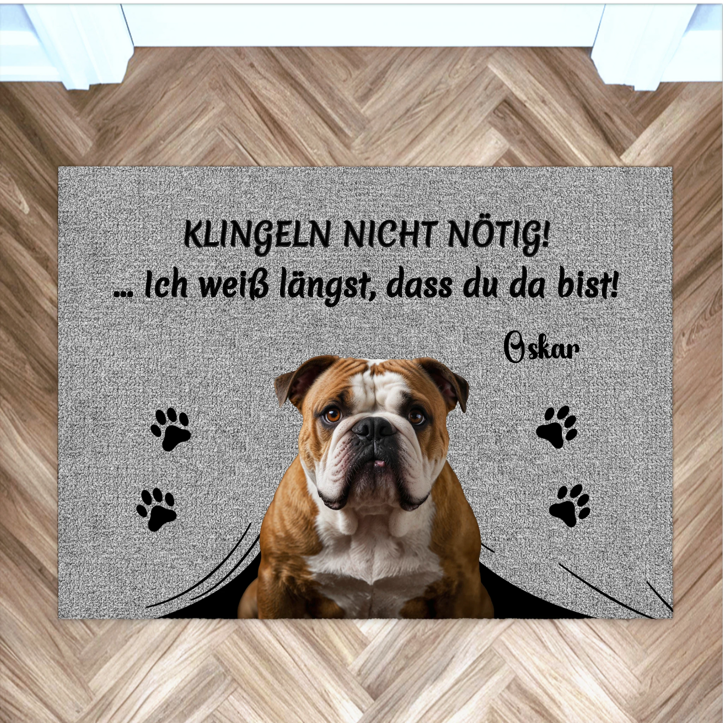 Personalisierte Fußmatte mit Hundemotiv und dem Text "Klingeln nicht nötig!" für Oskar.