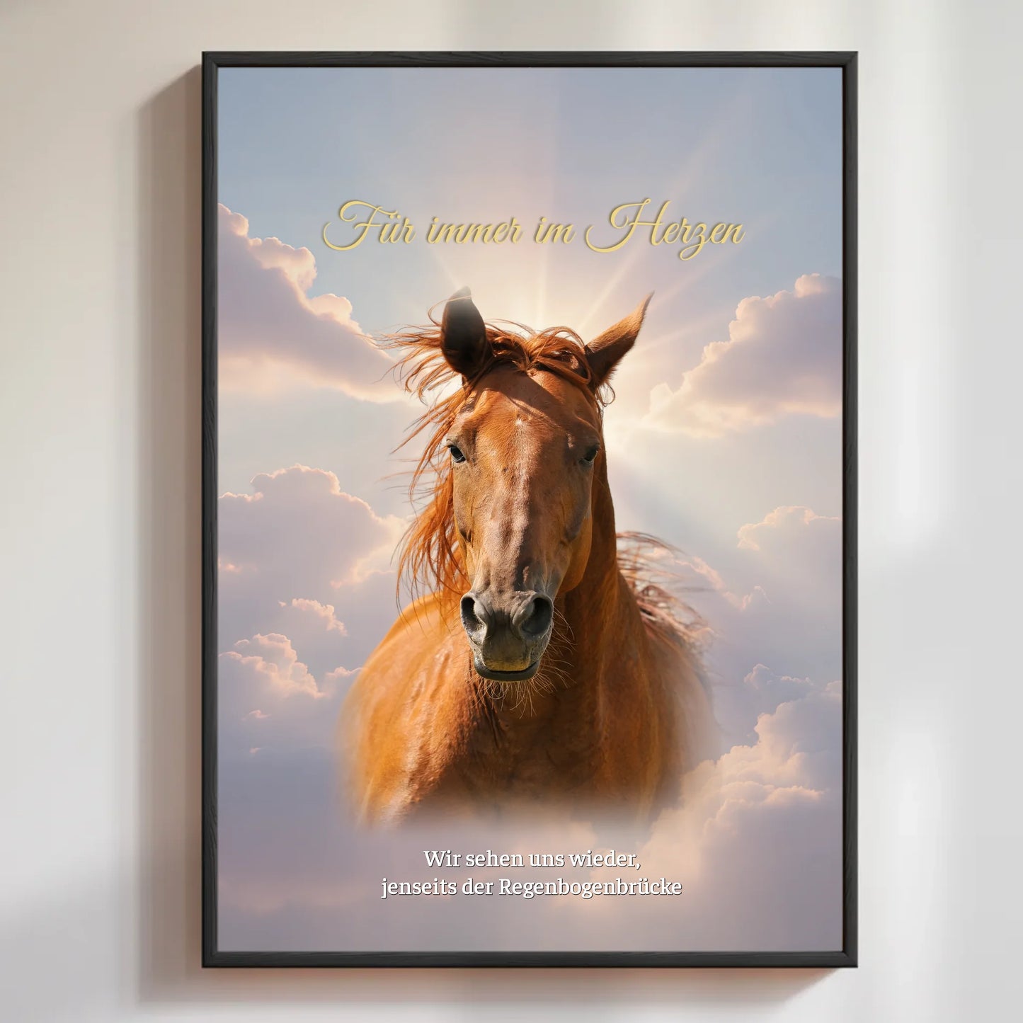 Personalisiertes Poster mit Pferd und emotionalem Spruch "Für immer im Herzen", perfekt als Geschenk.