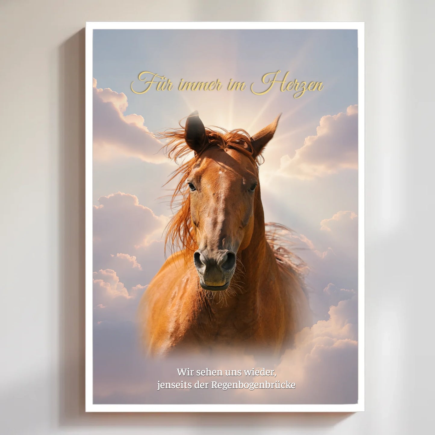 Personalisiertes Poster mit Pferd und Text "Für immer im Herzen" – emotionale Erinnerung in strahlenden Farben.