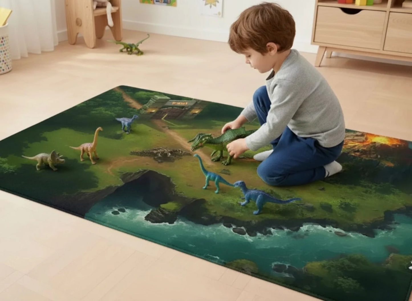 Personalisierter Spielzeugteppich – perfekt für Dinosaurier Spielzeug und Dinowelt Spielzeug | Spielteppich - 140x90 cm | Kind spielt mit Dinoplayset