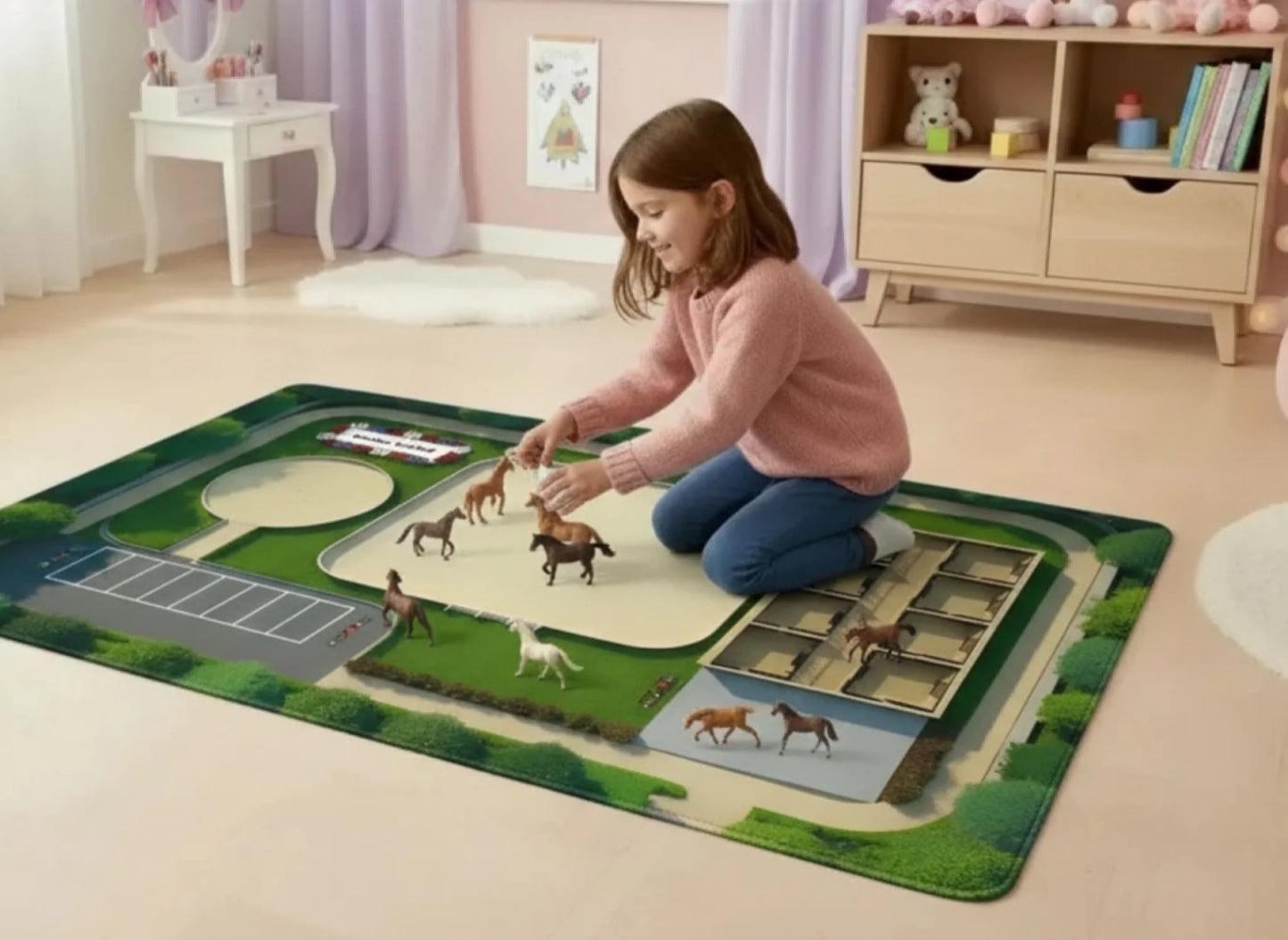 Personalisierter Spielzeugteppich – perfekt für Spielzeugpferde und Pferdehof - Kinderspielzeug (Farbig) mit spielendem Mädchen.