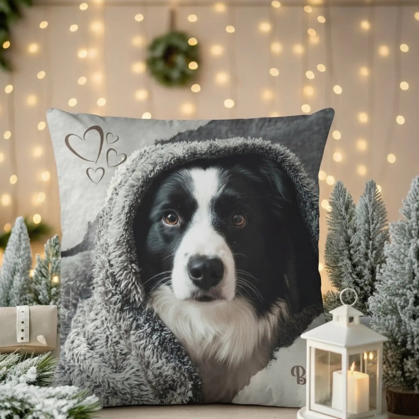 Personalisiertes Kissen - "Dein Haustier in einer kuscheligen Decke" mit bild des Hundes im Winterambiente.