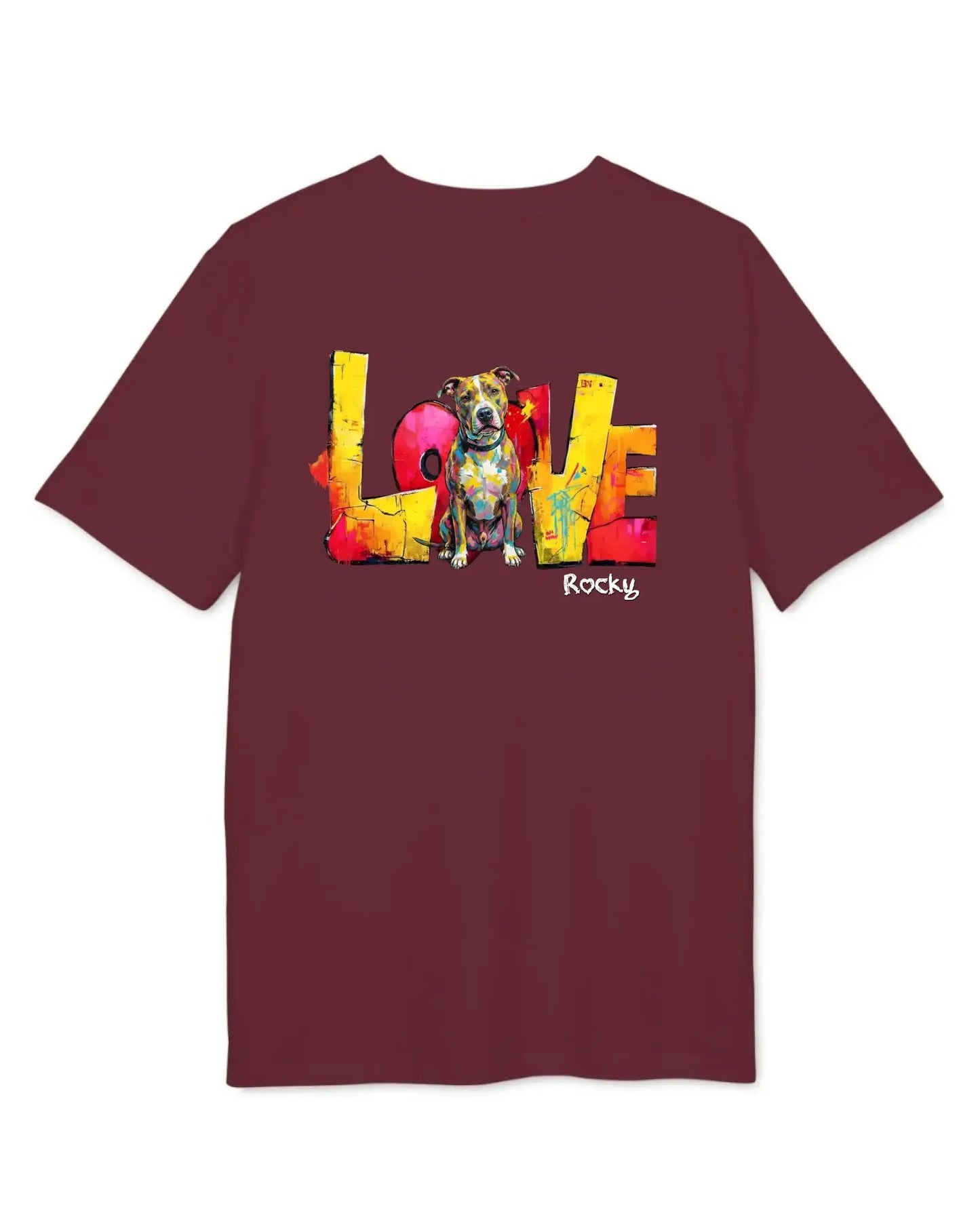 Personalisiertes T-shirt "Love" mit buntem Design und Hundemotiv, ideal für Geschenke und Hundebesitzer.