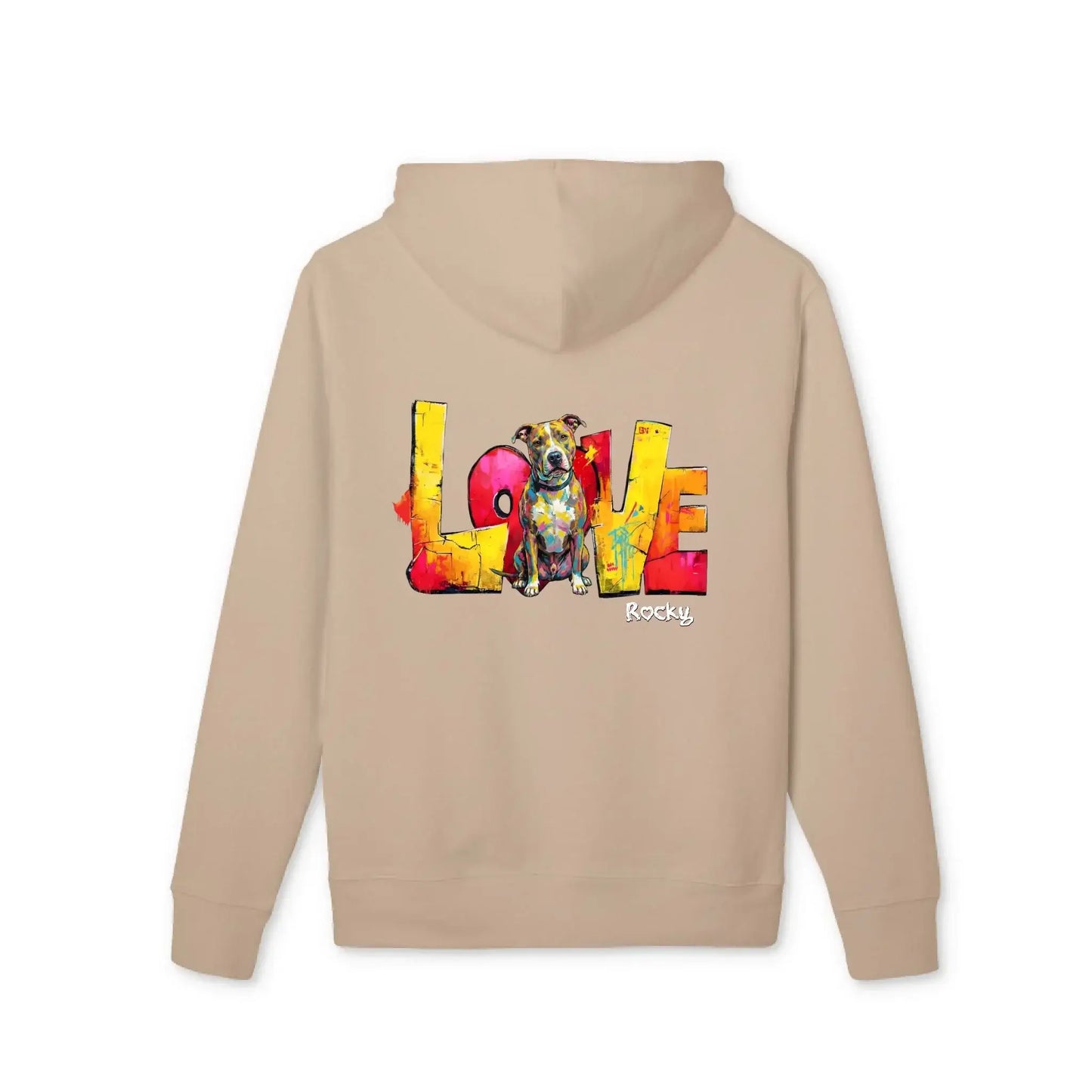 Personalisierter Hoodie - "LOVE" Backprint mit buntem Hundemotiv, perfekt für Hundeliebhaber und gemütliche Tage.
