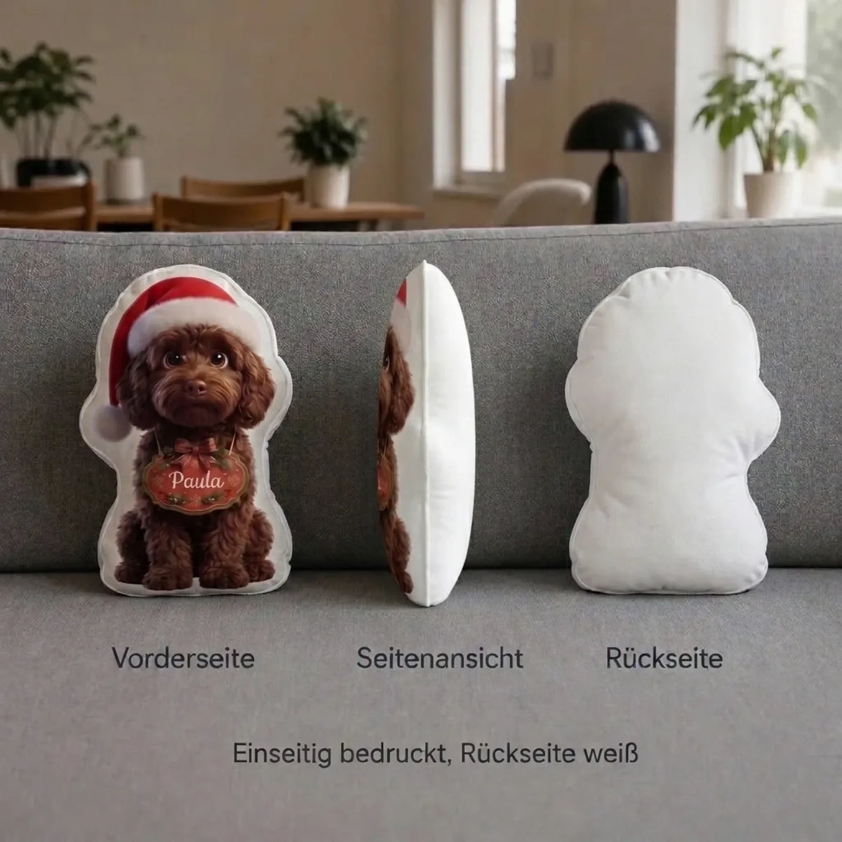 Formkissen Weihnachtsmütze von vorne, von der Seite und von hinten, einseitig bedruckt, Rückseite weiß