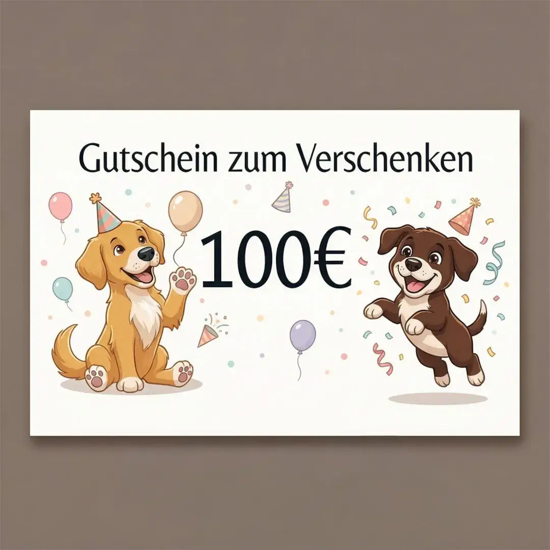 Der Fellverliebt-Gutschein – Das perfekte Geschenk für jeden Tierfreund mit zwei fröhlichen Hunden.