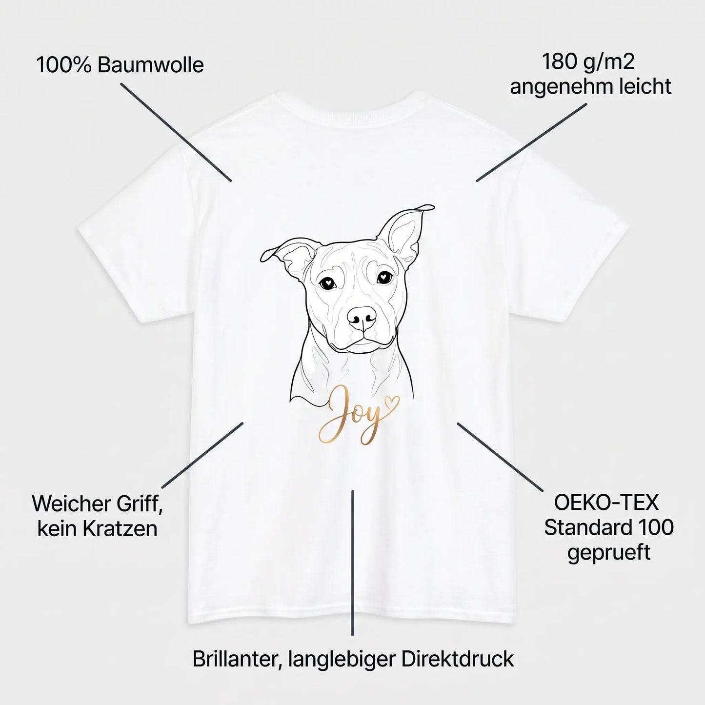 Personalisiertes T-Shirt Dog Love: 100% Baumwolle, 180 g/m², OEKO-TEX Standard 100 geprüft