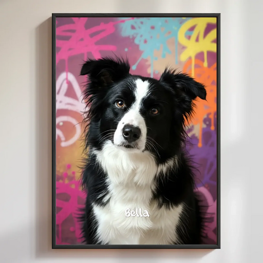 Personalisiertes Street-Art-Poster mit Hund, gerahmt an der Wand