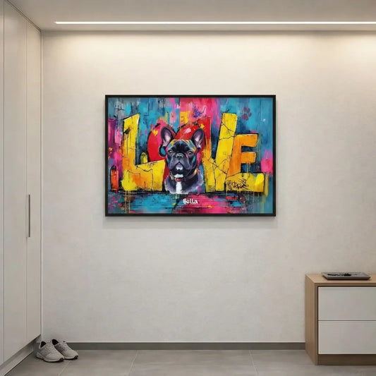 Personalisiertes Love-Poster mit Hund im Pop-Art-Look, gerahmt an der Wand
