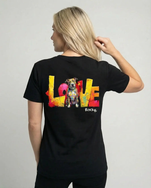 Person trägt personalisiertes Love-T-Shirt mit Tier im Pop-Art-Look