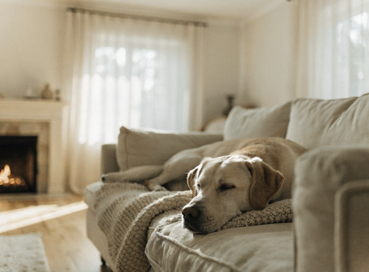Ruhender Hund im gemütlichen Wohnzimmer, warmes Licht, Erinnerung an ein geliebtes Tier