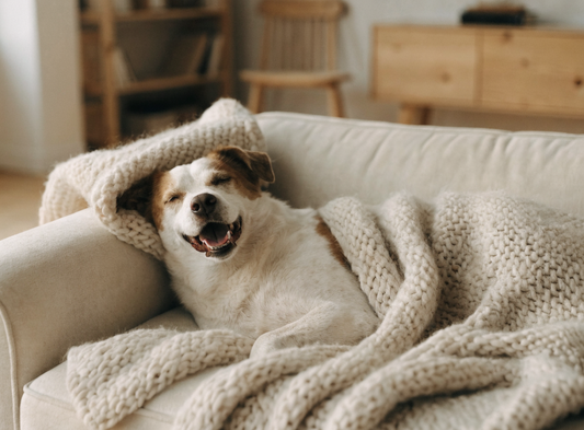 Hund kuschelt unter einer Strickdecke auf dem Sofa im gemütlichen Wohnzimmer