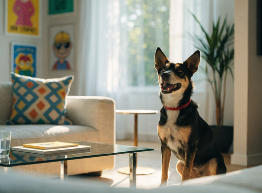 Hund in einem hellen modernen Wohnzimmer mit bunten Pop-Art-Bildern