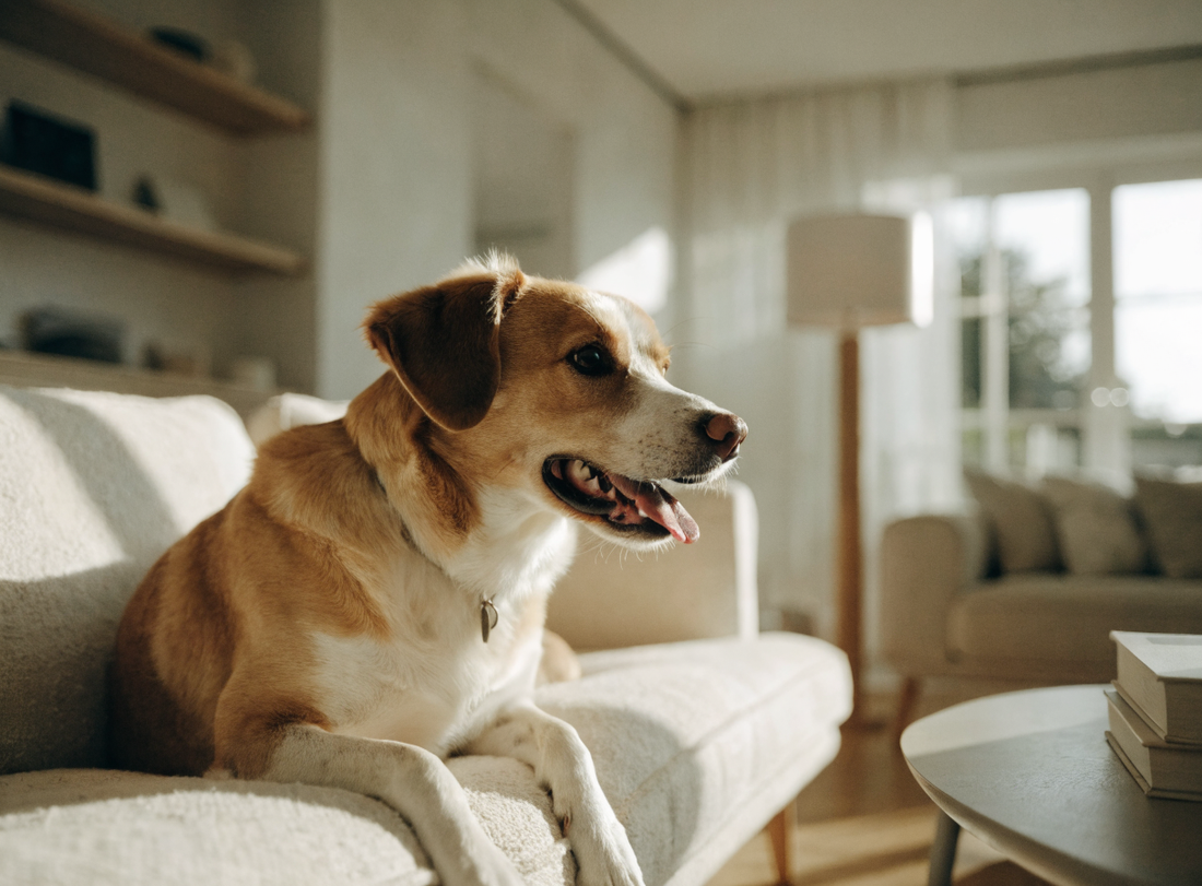 Hund auf dem Sofa im hellen gemütlichen Wohnzimmer