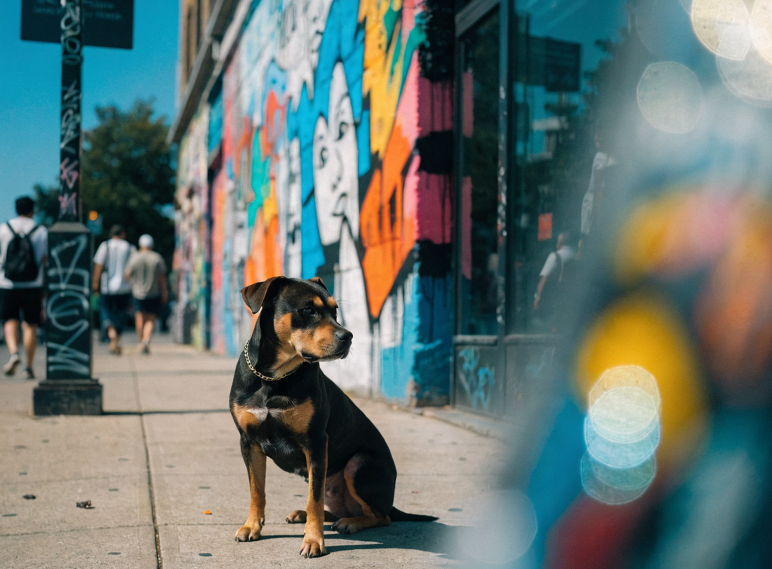 Hund auf einem Gehweg vor bunter Graffiti-Wand, Street-Art-Stil