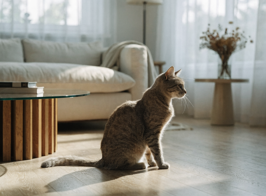 Katze im hellen gemütlichen Wohnzimmer