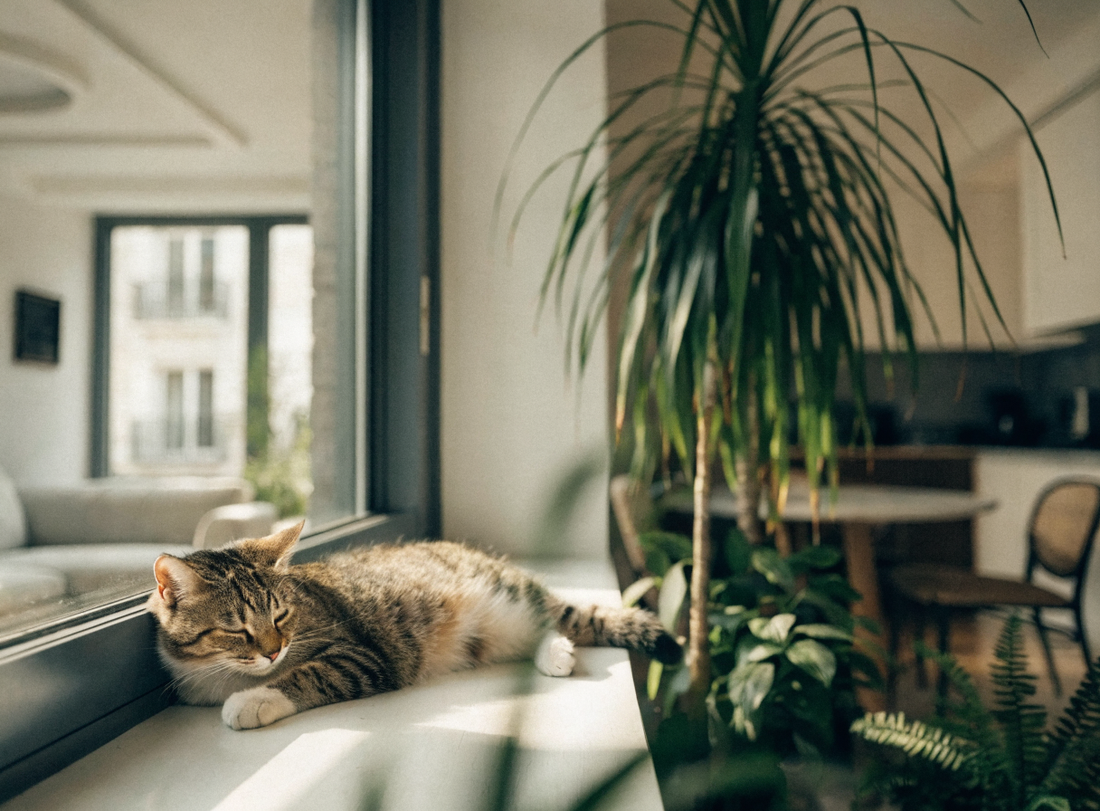 Katze entspannt auf der Fensterbank im hellen Wohnzimmer
