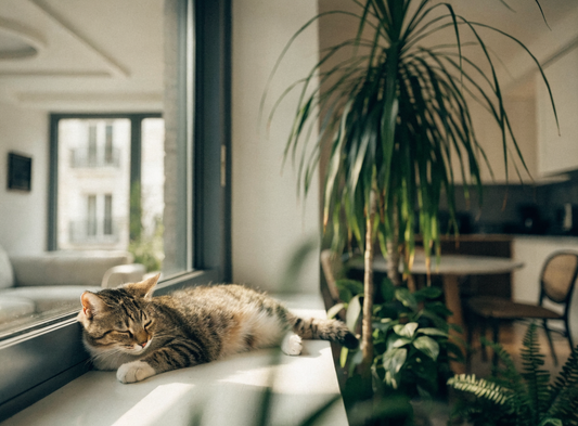 Katze entspannt auf der Fensterbank im hellen Wohnzimmer