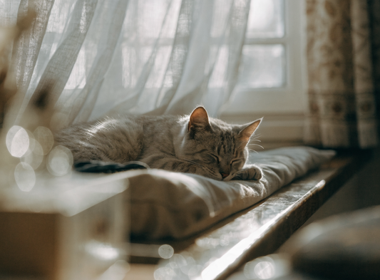 Katze ruht im weichen Licht an einem sonnigen Fenster