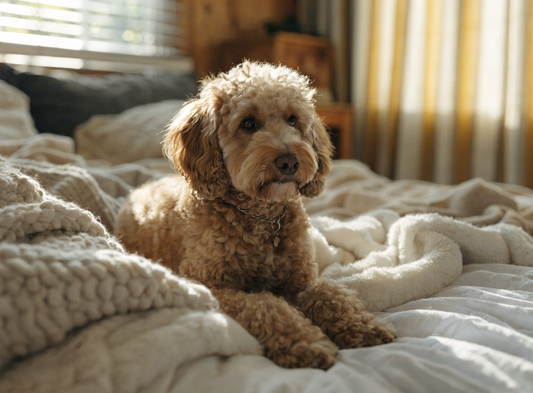 Süßer Hund auf einem kuscheligen Bett im warmen Tageslicht