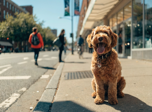 Fröhlicher Hund auf einem Gehweg in der Stadt an einem sonnigen Tag