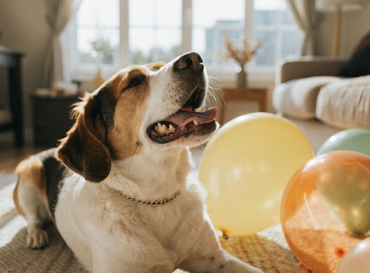 Fröhlicher Hund mit bunten Luftballons, Geburtstagsstimmung