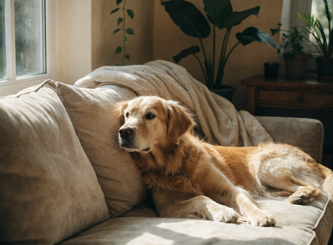 Golden Retriever liegt entspannt auf dem Sofa in einem gemütlichen, warmen Wohnzimmer