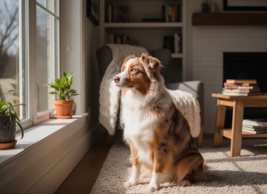 Red Merle Australian Shepherd sitzt am Fenster im hellen Zuhause