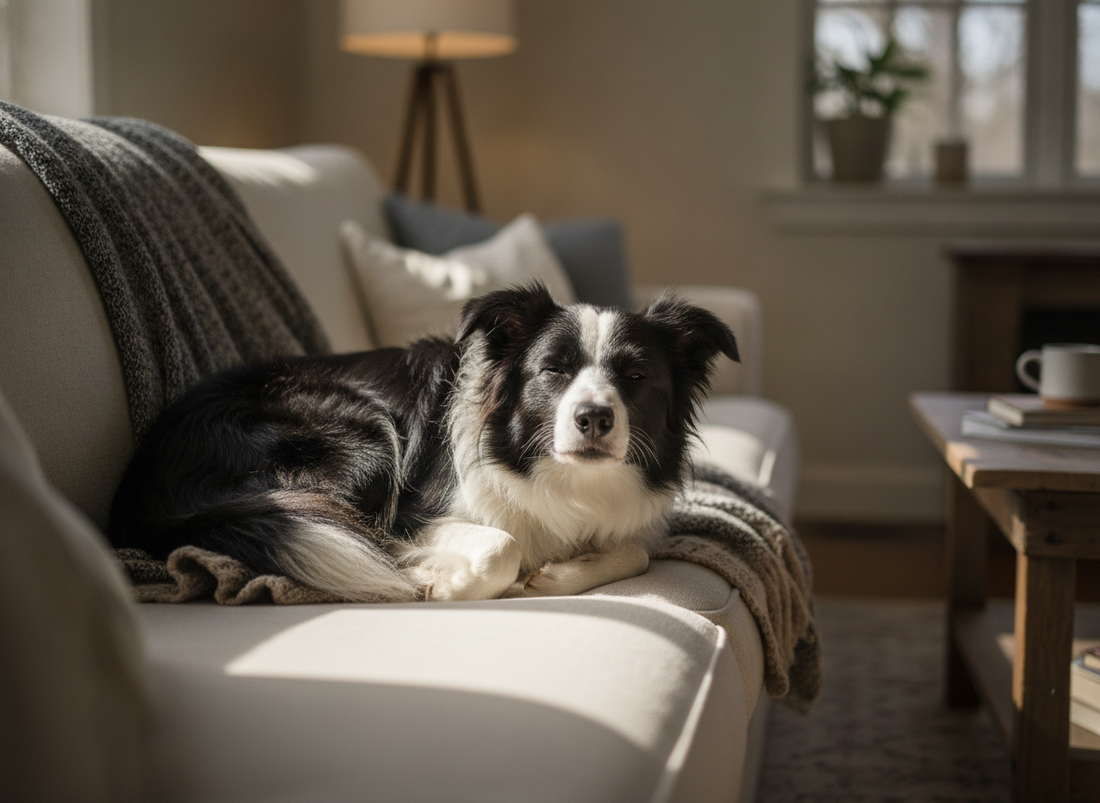 Border Collie liegt entspannt auf dem Sofa im gemuetlichen Wohnzimmer