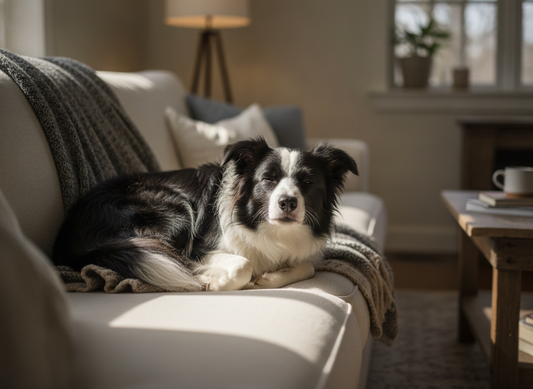 Border Collie liegt entspannt auf dem Sofa im gemuetlichen Wohnzimmer