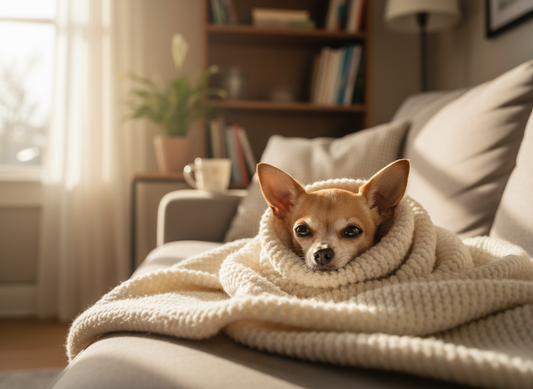 Kleiner Chihuahua kuschelt in einer Decke auf dem Sofa