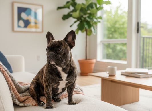 Brindle Franzoesische Bulldogge sitzt auf dem Sofa im Wohnzimmer